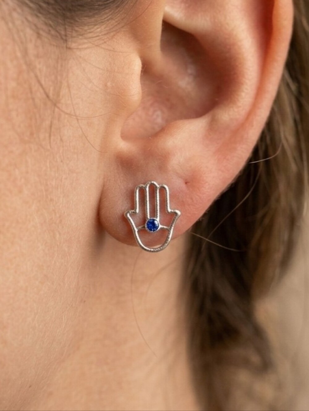 New Hamsa Hand Stud Earrings with Blue Stone